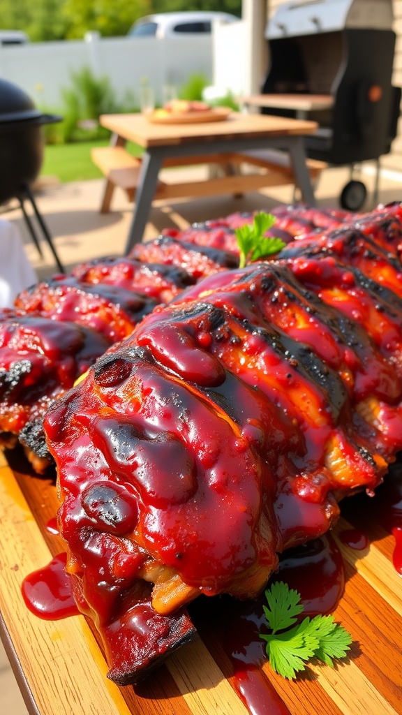 Grilled barbecue ribs with sauce on a wooden platter in a sunny backyard.